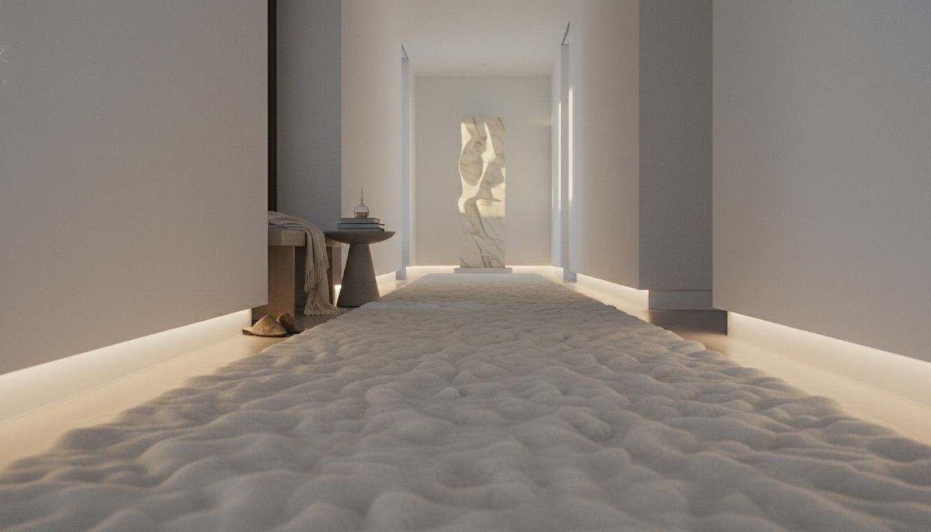Alabaster white anti-microbial bio-polymer runner rug in a minimalist hallway.