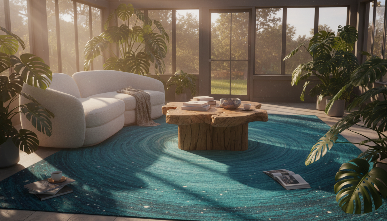A transformative teal bohemian rug with cosmic silk patterns in a sun-drenched solarium featuring a teak coffee table and tropical greenery.