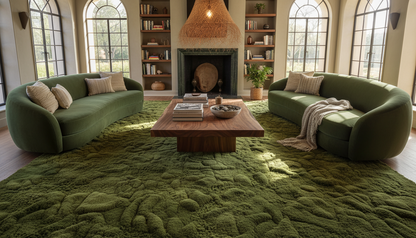 A lush, moss-green textured bohemian rug in a sunken lounge with organic velvet furniture and natural walnut accents.