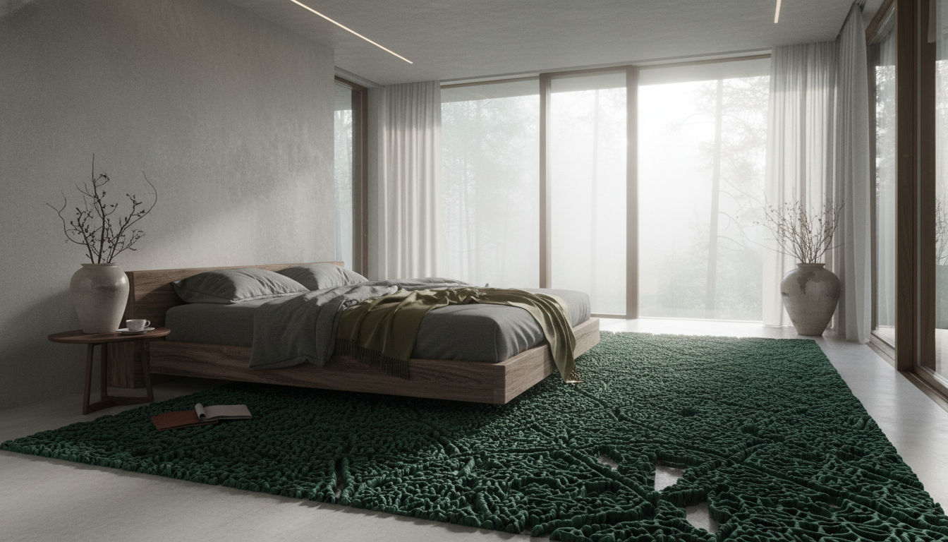 A grounding moss-green mycelium rug in a minimalist teak bedroom designed for somatic healing.