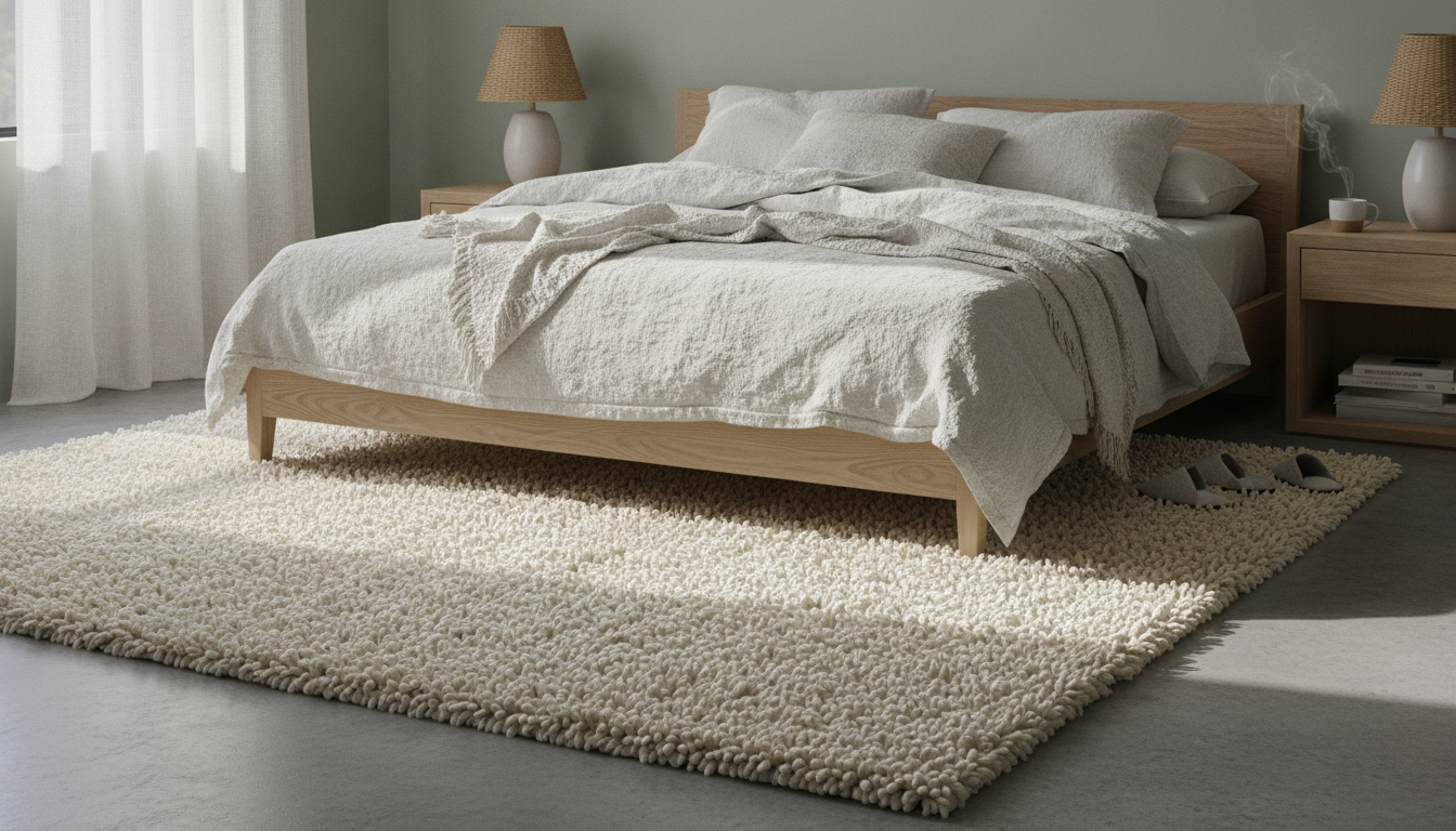 A plush cream high-pile wool rug in a calming sage green bedroom designed for somatic healing interior design.