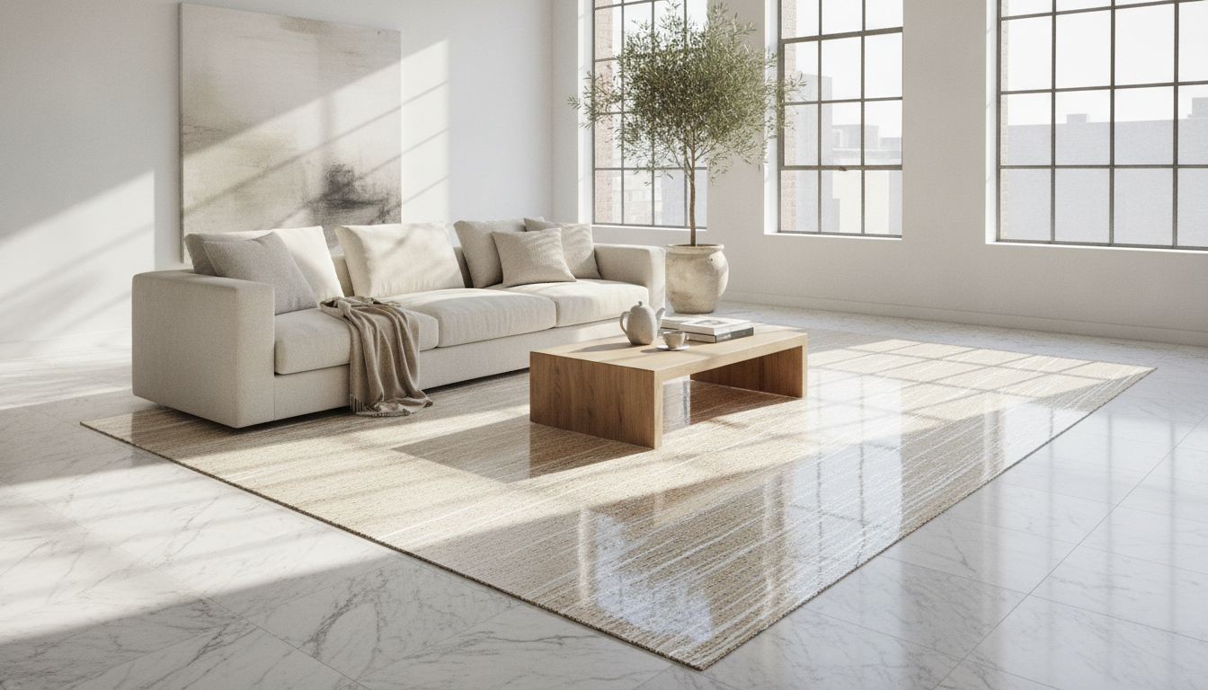 A minimalist white loft featuring a translucent cork rug layered over white marble flooring.