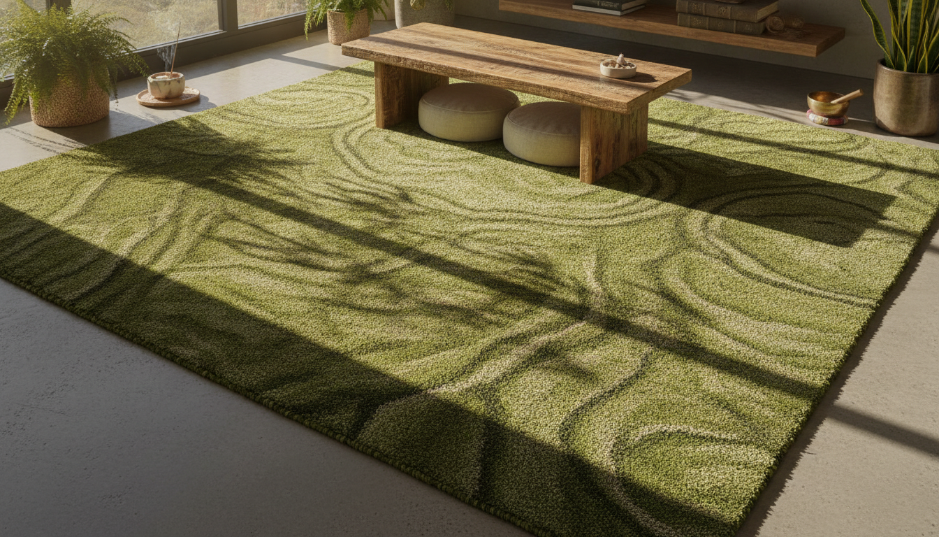 A moss-green bio-aromatic bohemian rug in a sunlit meditation corner with a teakwood bench.