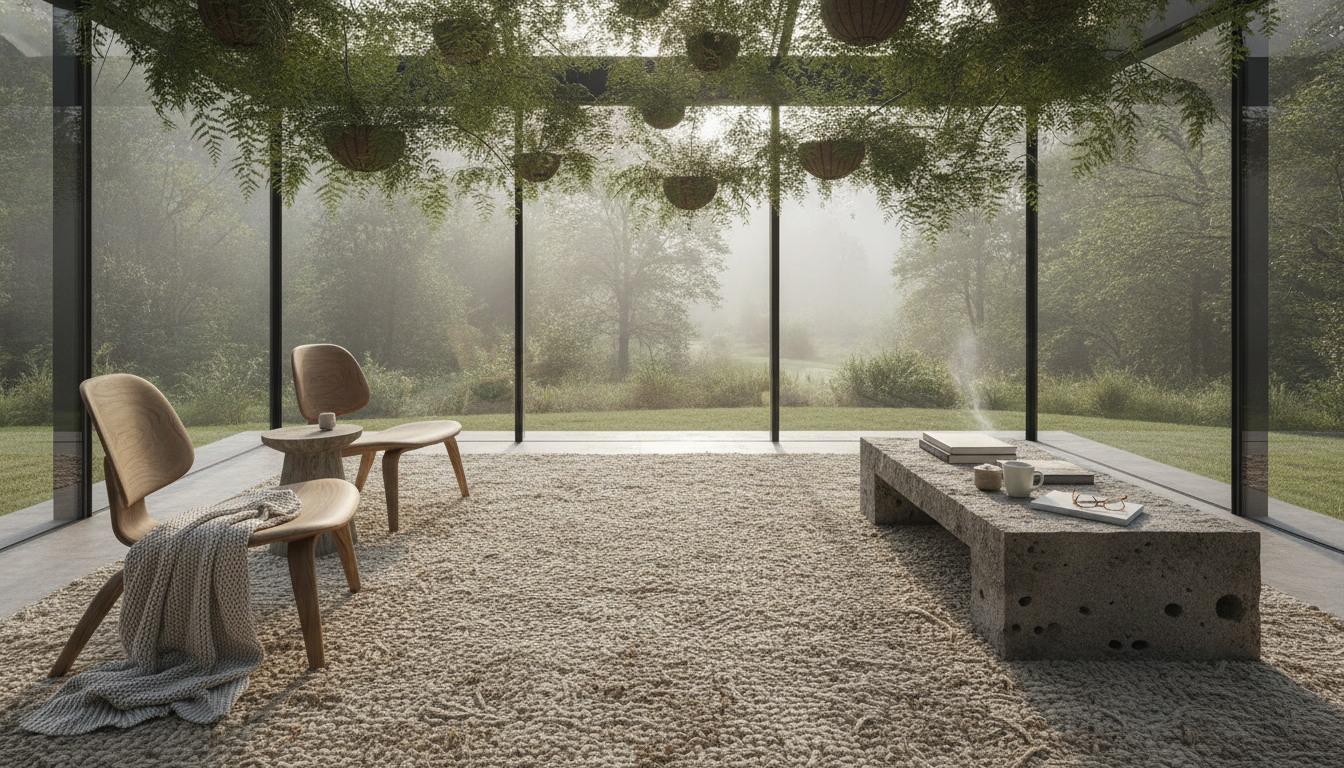 Oatmeal colored foraged fiber bohemian rug made of wild nettle in a sun-drenched glass conservatory with teak furniture.