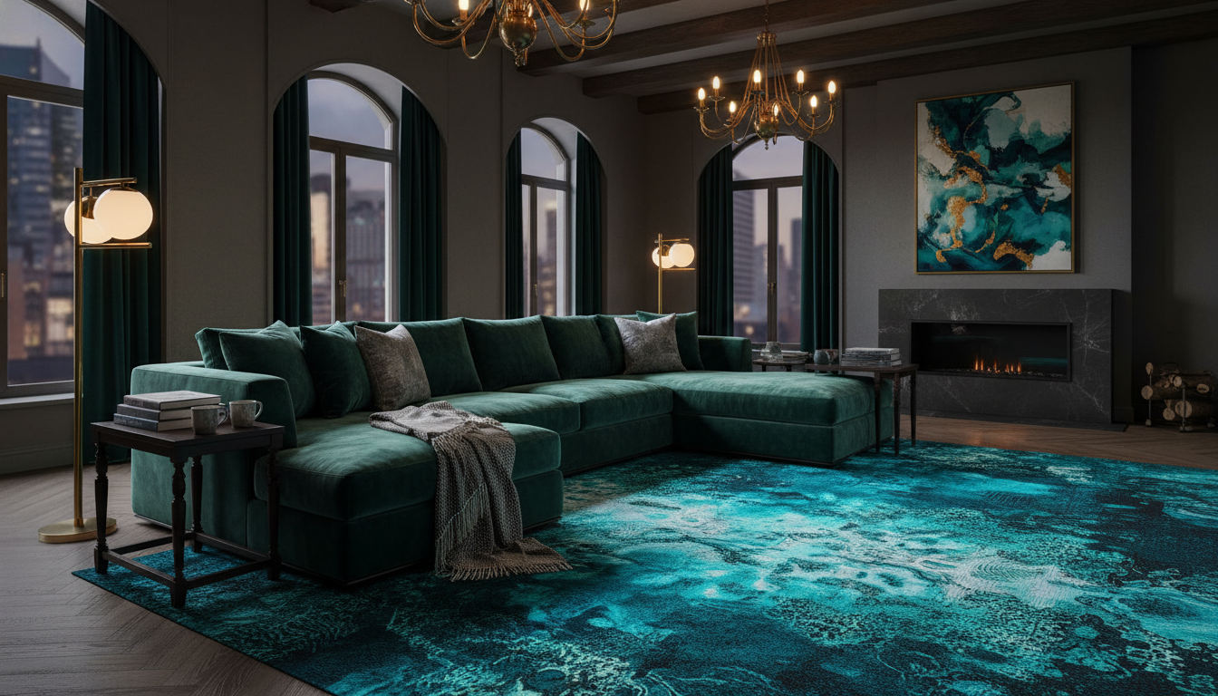 Luxury living room with a transformative teal bohemian rug paired with an emerald green velvet sofa and brass accents.