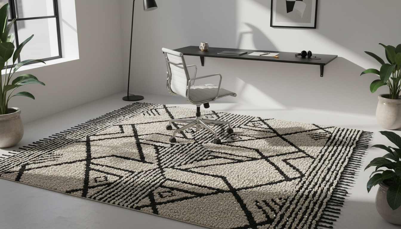 High-contrast black and cream geometric rug in a modern home office with matte black furniture.