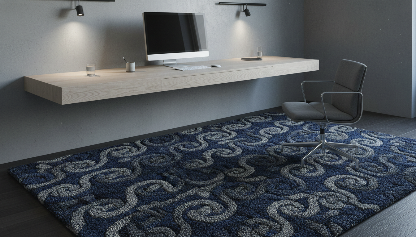 Indigo geometric quantum-knot rug in a modern home office providing tactile feedback for focus.