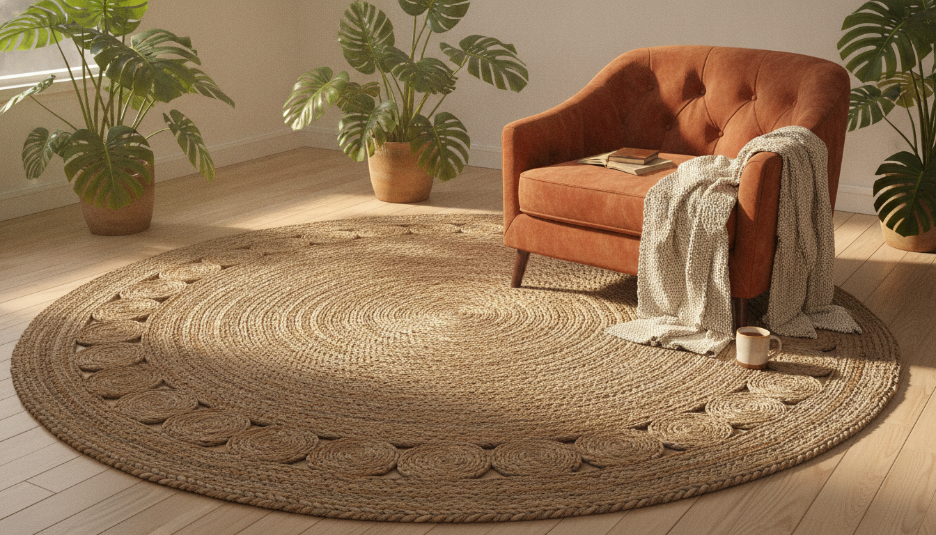 Circular natural jute rug in a sunlit reading nook with a terracotta velvet chair for somatic grounding.