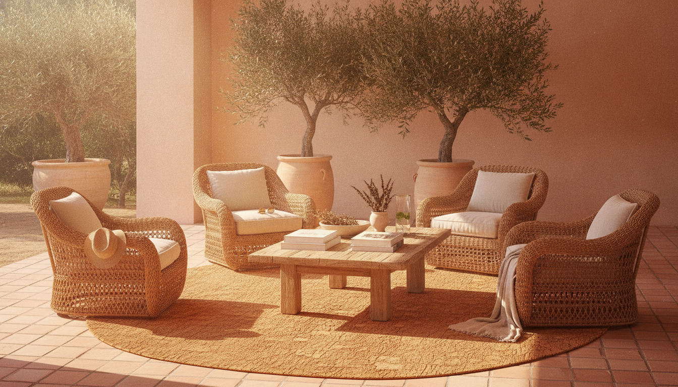 Honey-toned translucent cork rug on terracotta tiles in a Mediterranean sunroom.