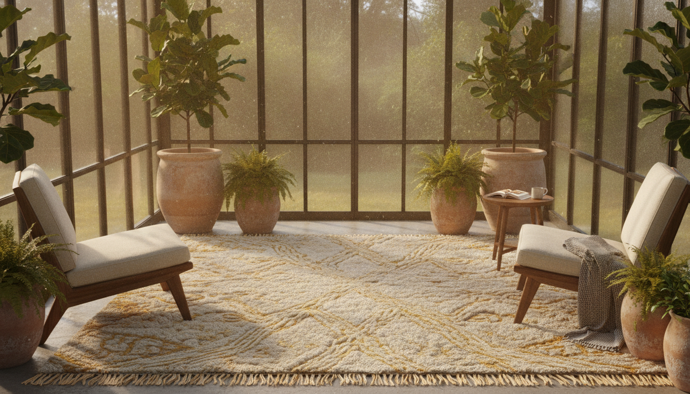 Cream and honey-toned bio-aromatic bohemian rug in a bright glass solarium with mid-century furniture.