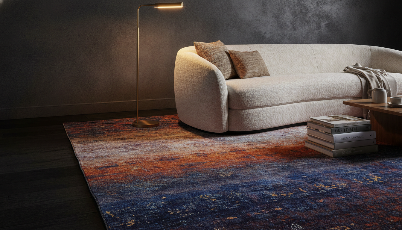 Deep indigo and gold Himalayan silk rug in a minimalist charcoal living room with a cream bouclé sofa.