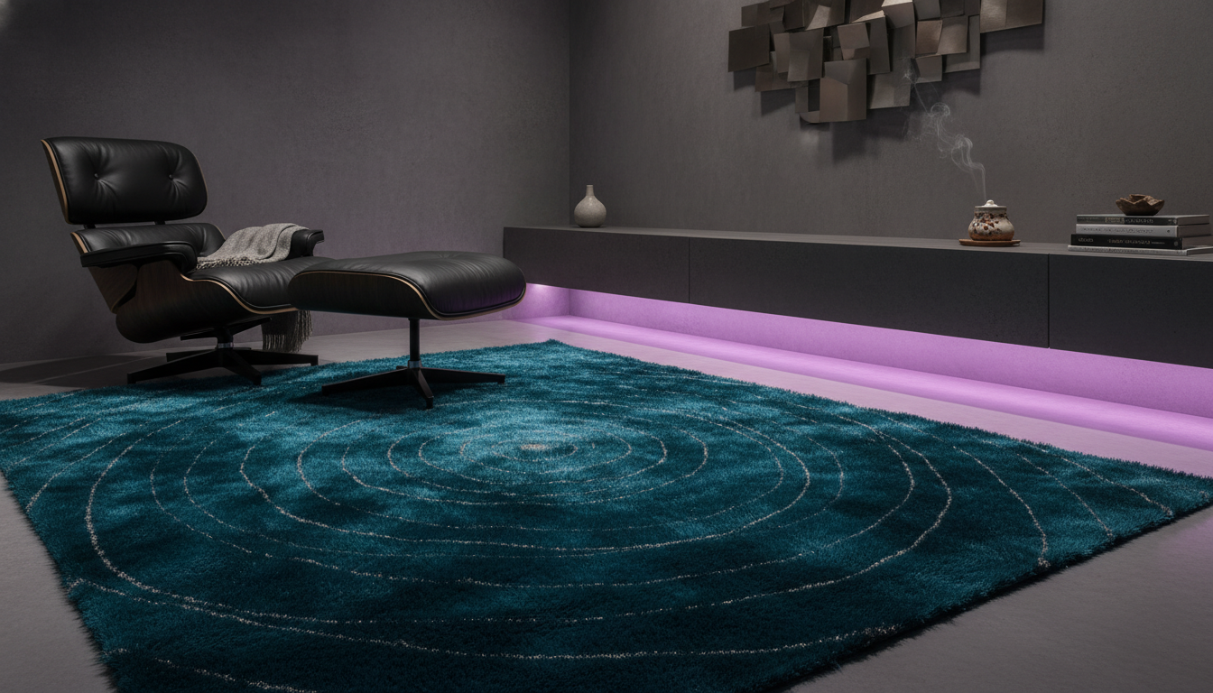 Modern zen den with a shimmering teal silk rug, matte black furniture, and atmospheric purple lighting.