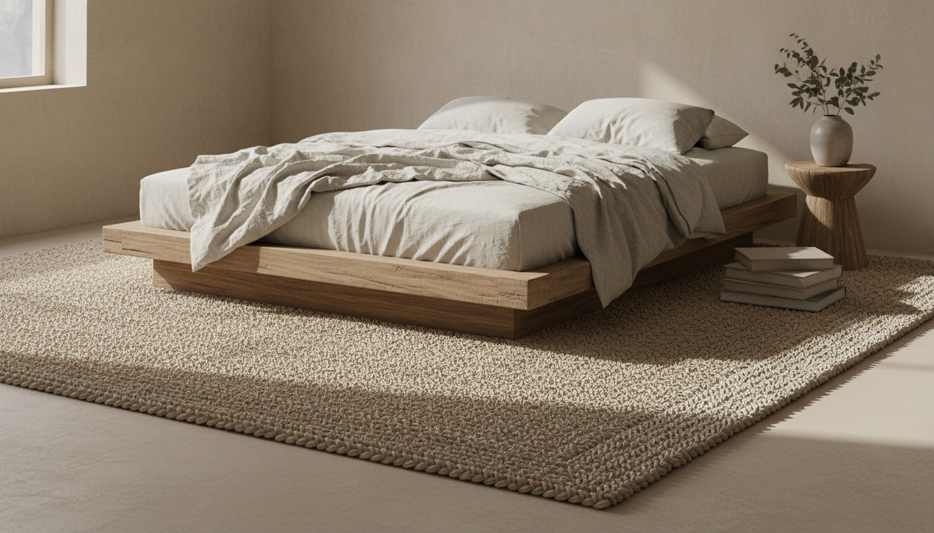 Weighted sand-colored hemp rug in a meditation room with teakwood platform furniture and linen accents.