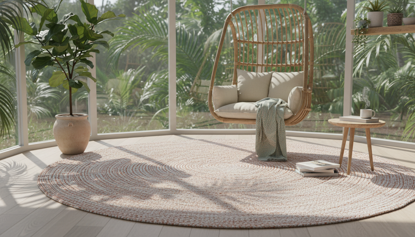 Circular terracotta and flax rug in a sun-drenched room designed for parasympathetic activation.