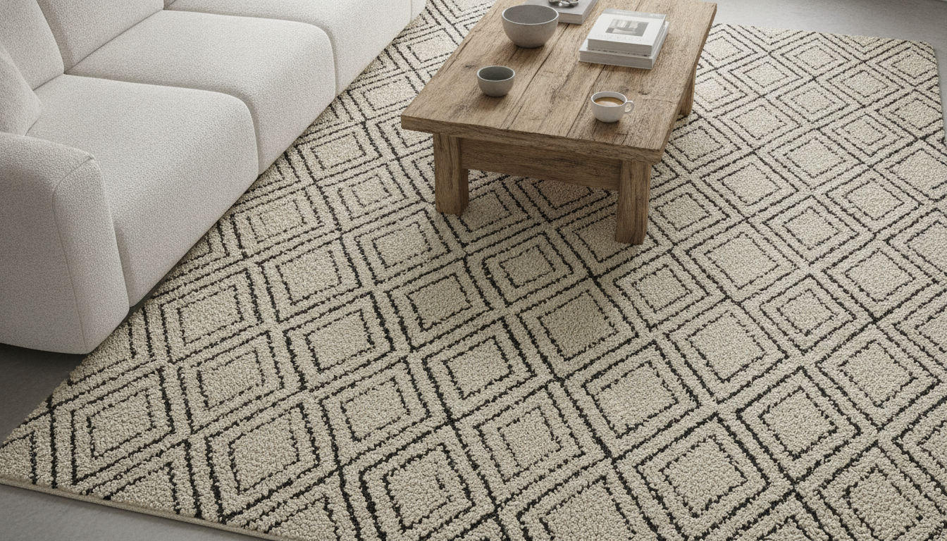 Symmetrical Moroccan rug with fractal patterns used in somatic healing interior design to promote cognitive calm.