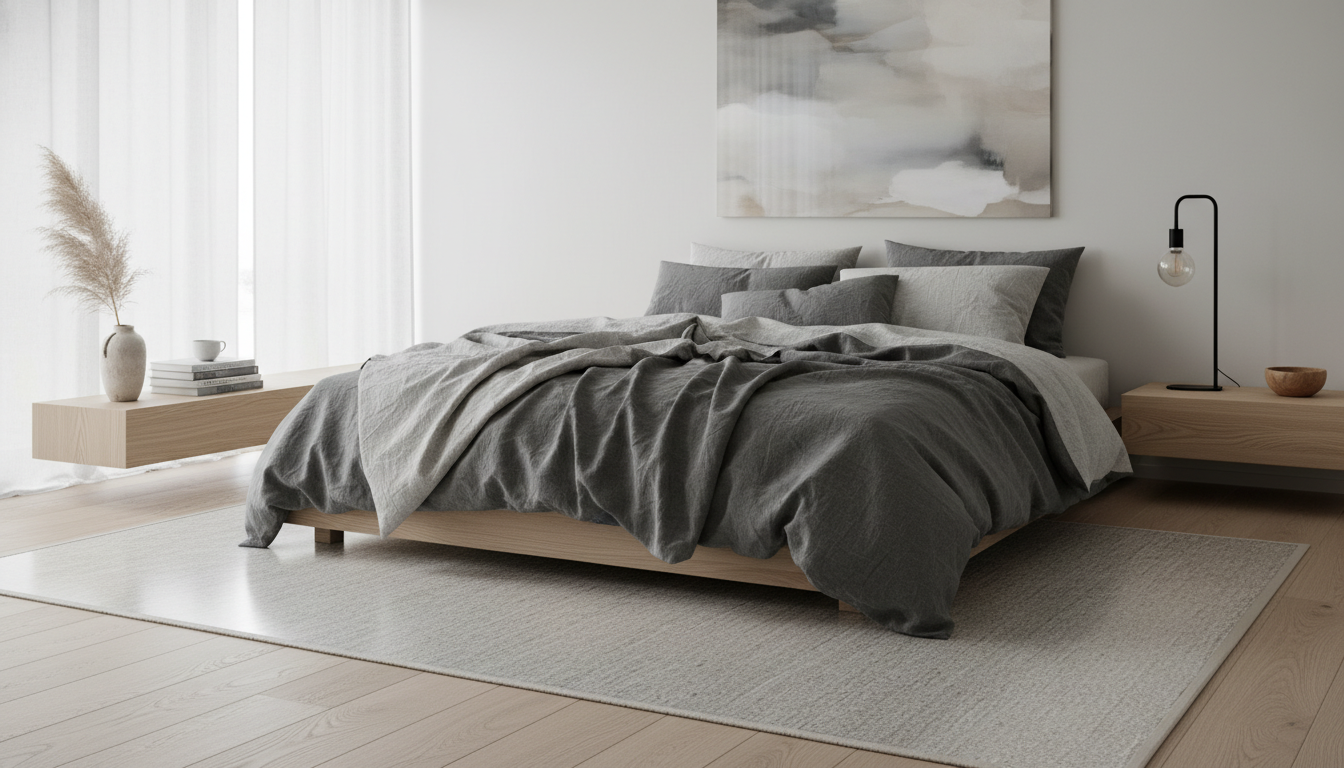 Ash-toned translucent cork rug in a minimalist Scandi-boho bedroom setting.