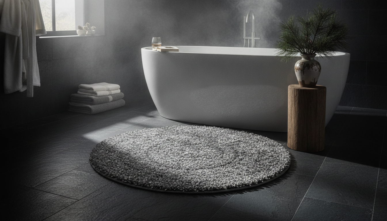 Silver-grey bio-aromatic bohemian rug next to a white stone soaking tub in a modern spa bathroom.
