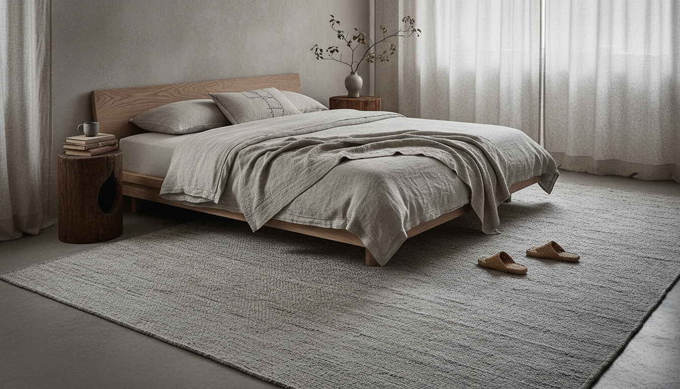 Silver-toned flat-weave foraged fiber rug in a Japanese-style minimalist bedroom with light ash wood furniture.