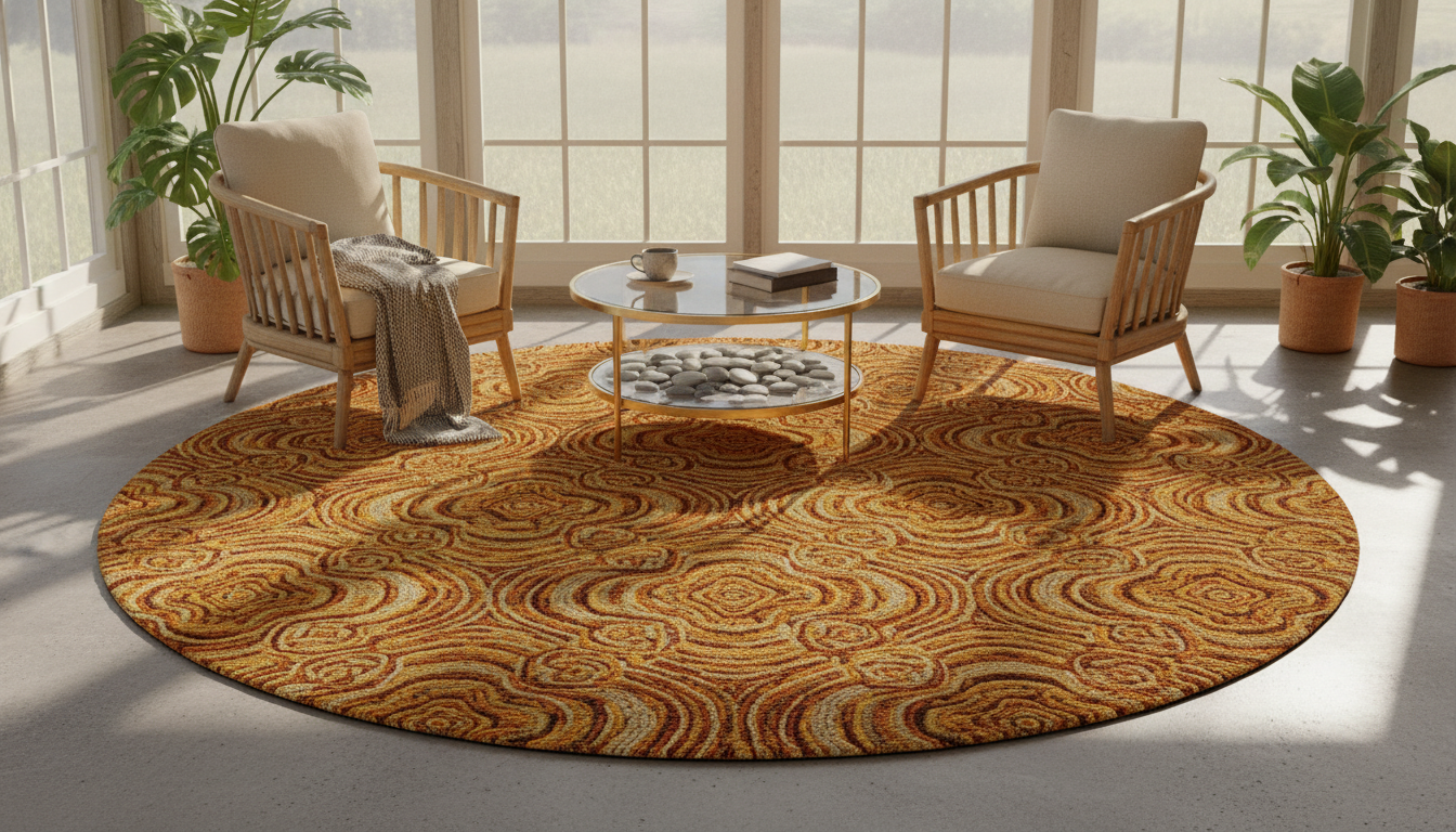 Amber-toned fractal pattern bohemian rug in a bright solarium with rattan furniture.