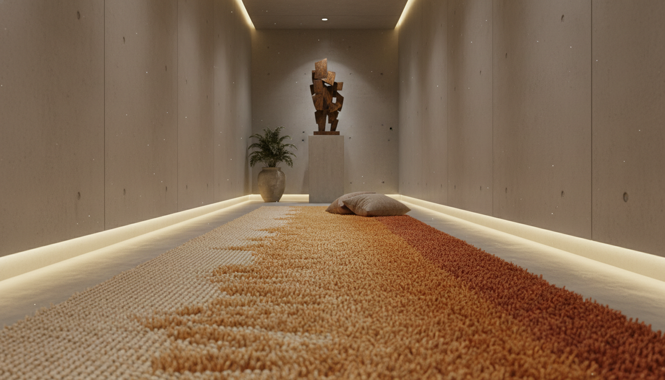 Multi-textured runner rug in an ochre gradient designed to increase gait awareness and somatic presence.