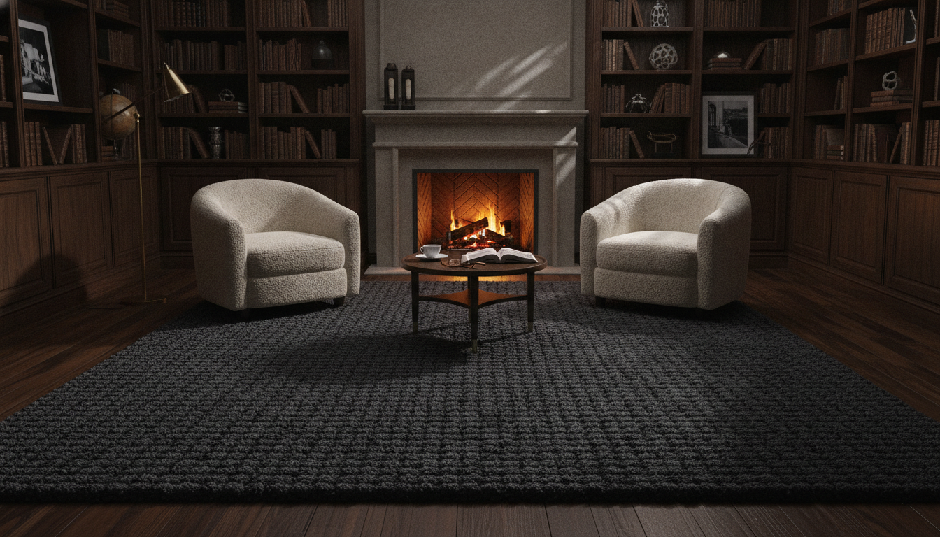 Heavy charcoal wool rug in a dark library designed to provide thermal comfort and nervous system regulation.