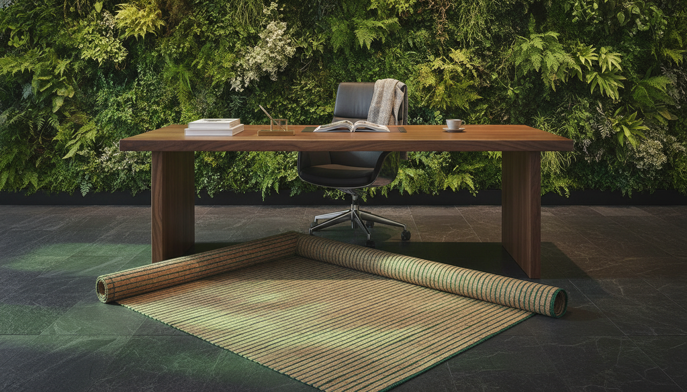Green-threaded translucent cork rug in a biophilic home office with slate floors.