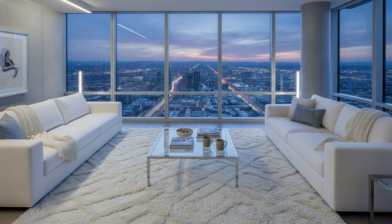 Cloud-white bio-aromatic bohemian rug in a luxury minimalist high-rise living room.