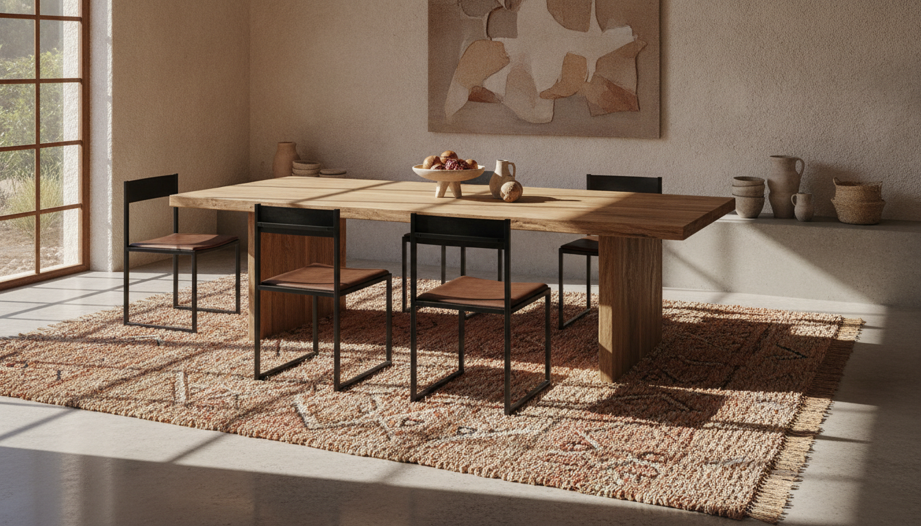 Terracotta foraged fiber rug on polished concrete floors in a Brutalist Mediterranean dining room.