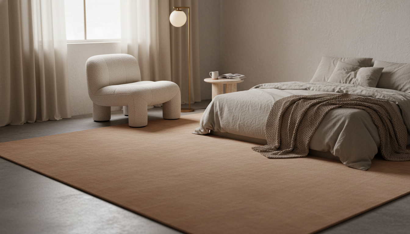 Soft sandstone-colored myco-silk rug in a neutral bedroom with bouclé seating.