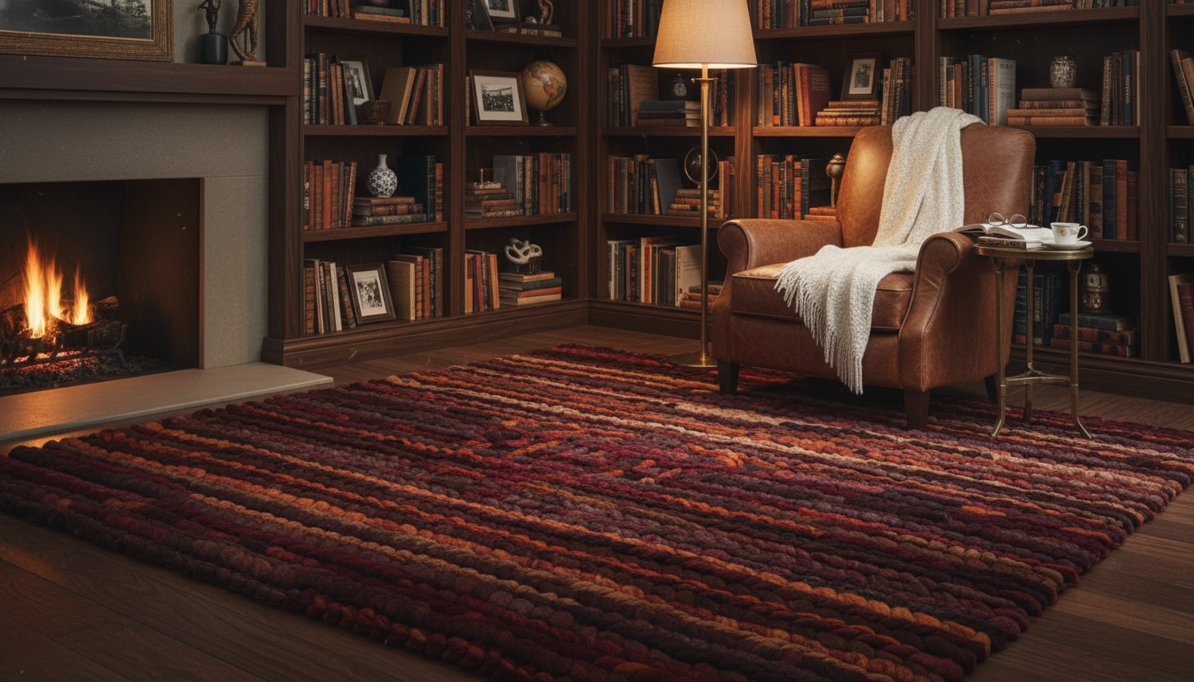 Weighted deep burgundy mushroom-fiber rug in a dark walnut library for anxiety-reducing floor contact.