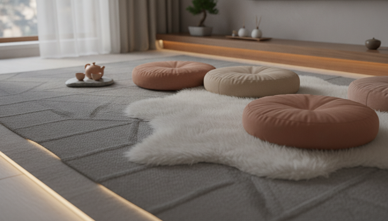 Layered rugs in a meditation room providing a sense of safety and tactile depth for somatic healing.