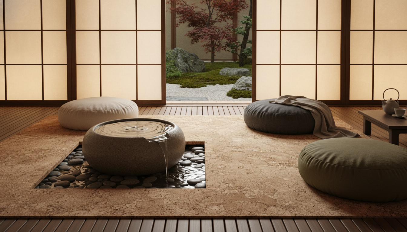Sheer cork rug in a zen meditation room with bamboo flooring and stone accents.
