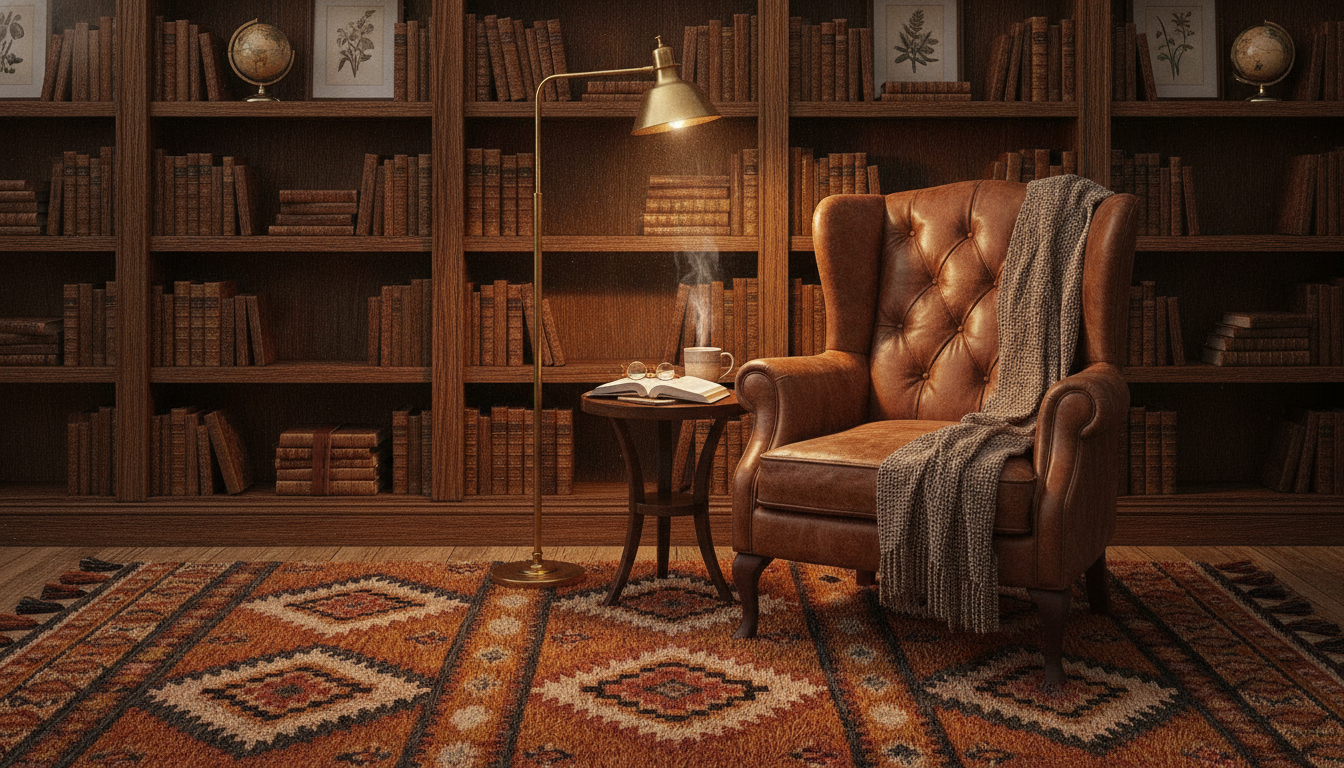 Deep umber bio-aromatic bohemian rug in a dark wood library with a leather chair.