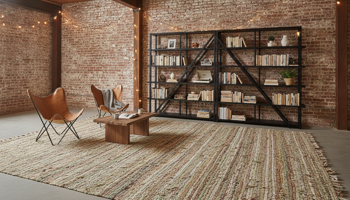 Large variegated foraged fiber rug in an industrial loft with red brick walls and leather furniture.