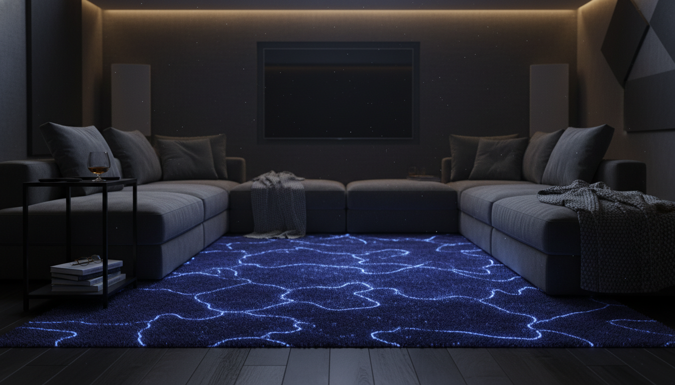 Indigo rug with bio-luminescent highlights in a dark media room with a charcoal modular sofa.