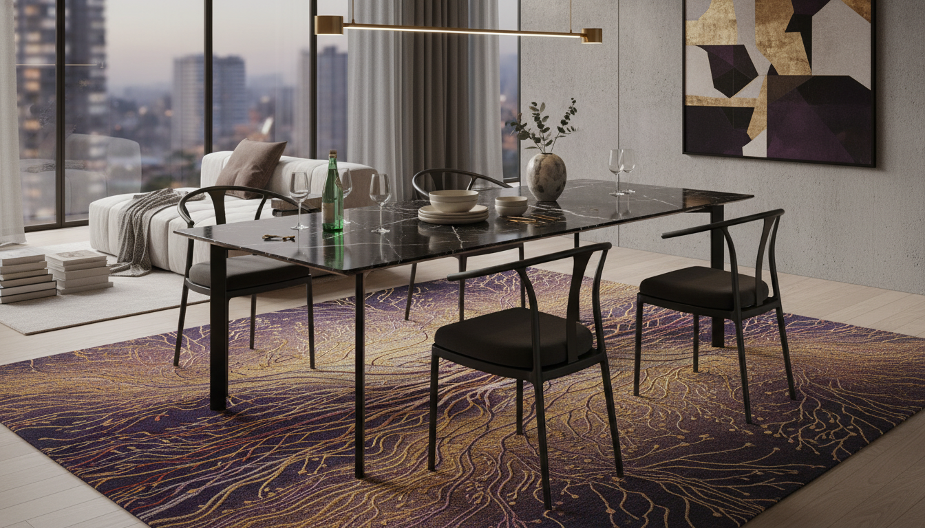 Iridescent quantum silk rug with light-refractive properties under a black marble dining table.