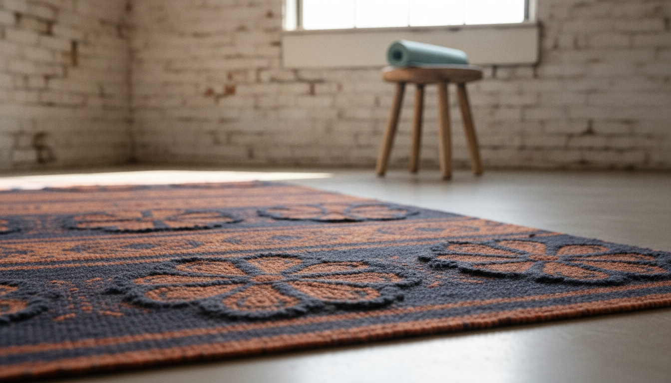Mixed-texture indigo Kilim rug showing high-contrast haptic surfaces for somatic grounding.