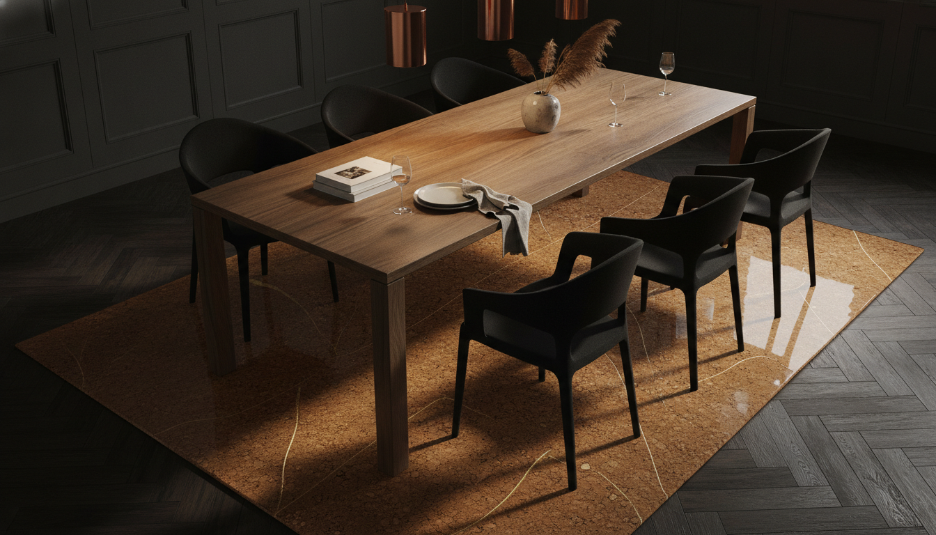 Amber translucent cork rug under a modern oak dining table on herringbone floors.