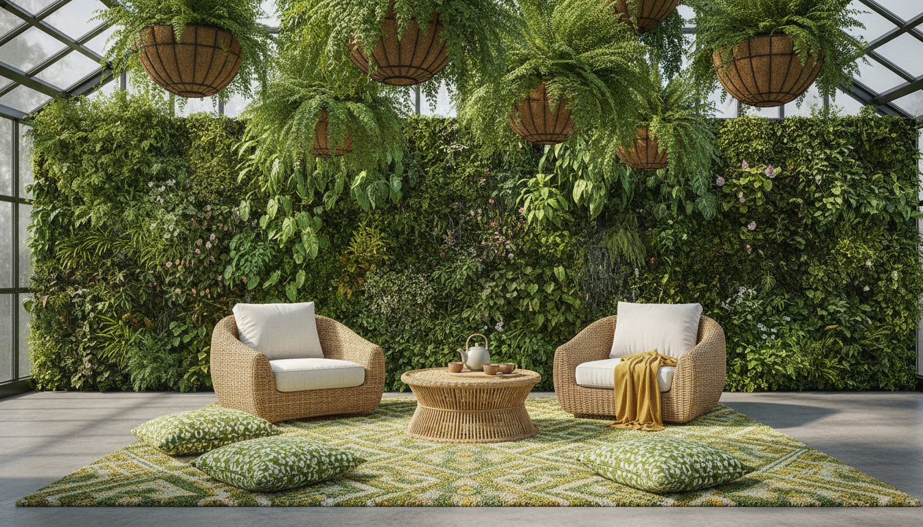 Vibrant fern-green and citron bio-aromatic bohemian rug in an indoor atrium filled with plants.