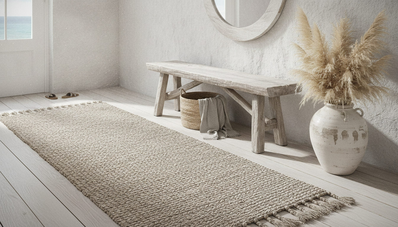 Bleached foraged nettle runner rug in a coastal entryway with driftwood furniture and white plaster walls.