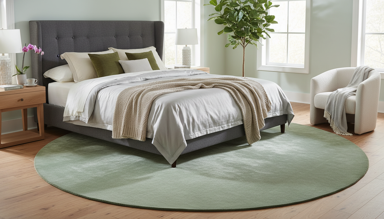 Sage-green iridescent eucalyptus rug in a cool-toned bedroom with silk accents.