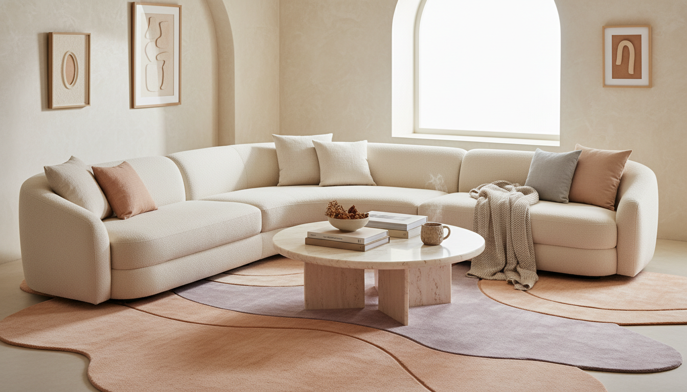 Peach biomorphic wool rug with soft ridges in a limbically-soothing lounge environment.