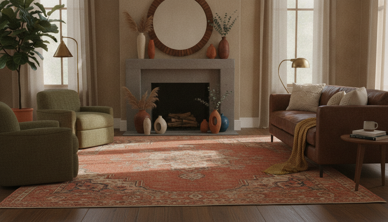 Vintage terracotta rug in a warm living room emphasizing the 'Rooted Stability' aspect of somatic healing interior design.
