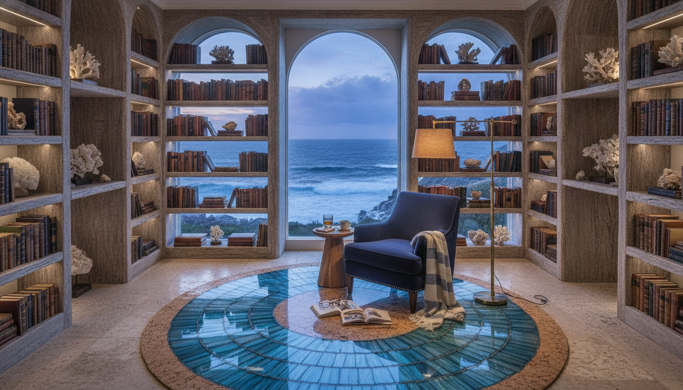 Blue-tinted translucent cork rug in a coastal library with ocean views.