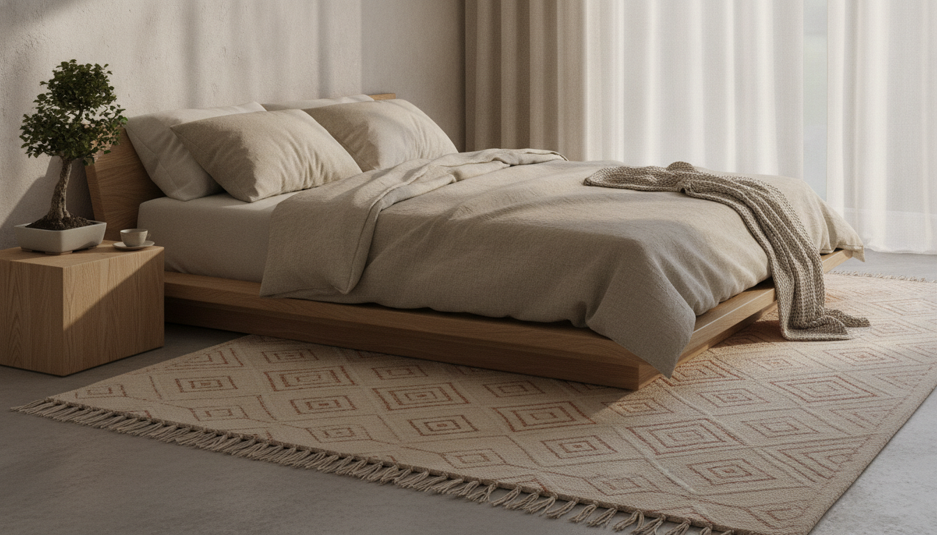 Pale sand-colored bio-aromatic bohemian rug in a minimalist zen bedroom.