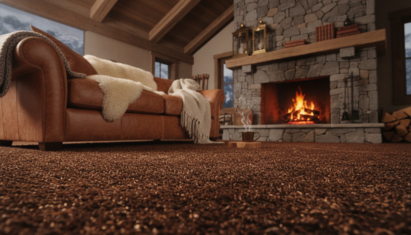 High-pile chocolate brown Himalayan silk rug in a rustic alpine den with a stone fireplace.