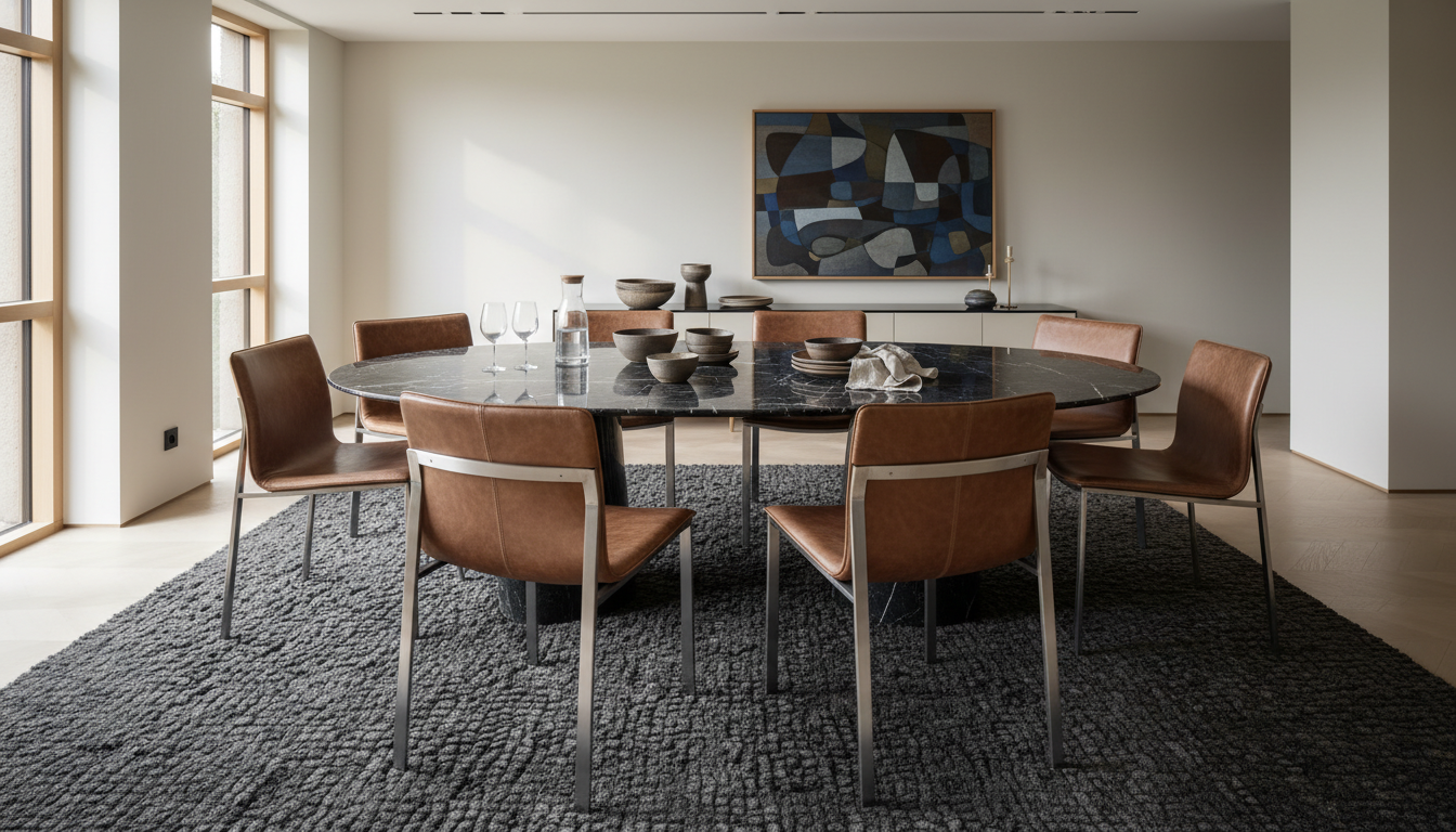 Acoustic-dampening charcoal cork-infused rug under a black marble dining table.
