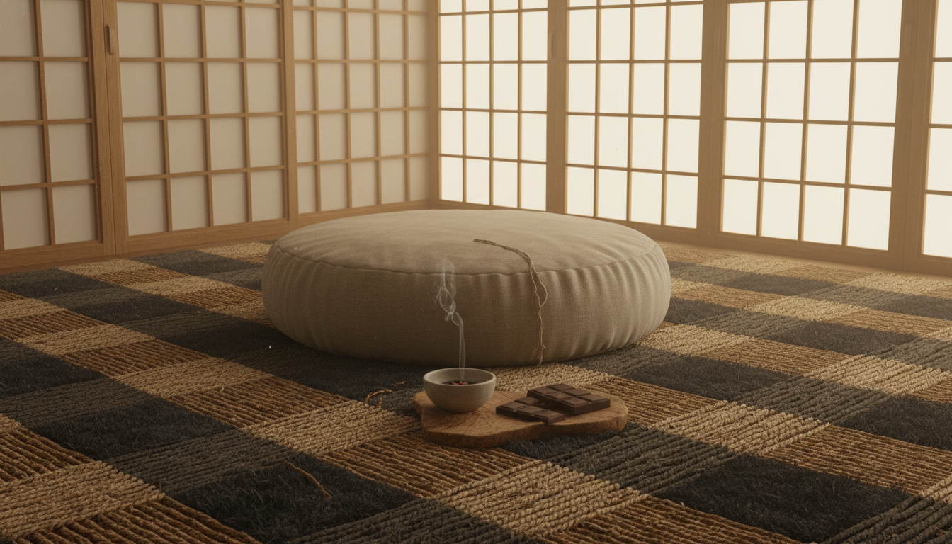 Jute and mycelium checkerboard rug in a Zen den providing high-friction grounding for meditation.