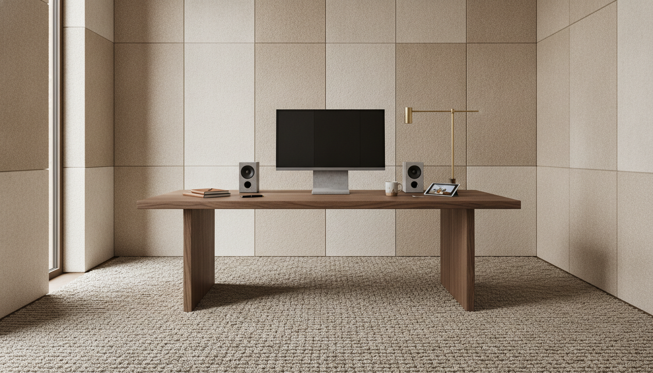 Extra-thick oatmeal rug in a home office designed for acoustic dampening and sensory sensitivity.