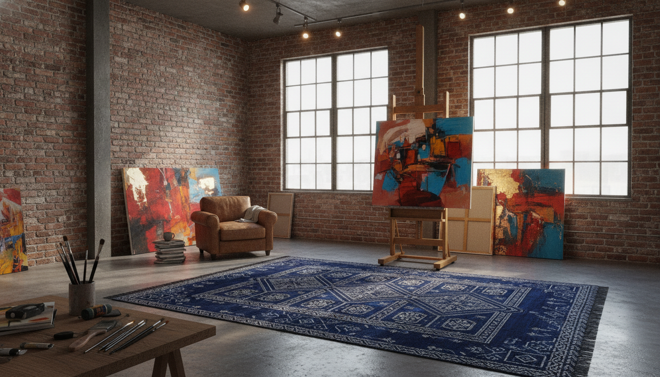 Indigo bio-aromatic bohemian rug in an industrial artist loft with an easel.